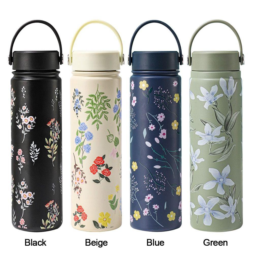 Stainless Steel Water Bottle Flower Printed Coffee Mug Vacuum Handy Cup  Outdoor Travel Office