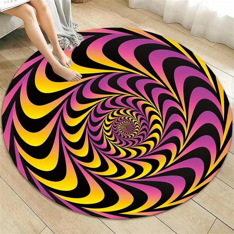 Crystal Velvet Psychedelic Round Rug, Abstract Geometric Illusion Print Non Slip Floor Mat for Living Room, Bedroom, Sofa Decor
