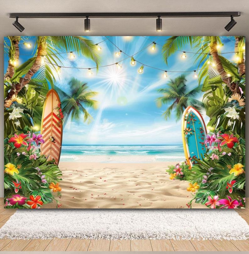 Hawaiian Summer Seaside Backdrop for Photography Tropical Beach Palm Tree Surfboard Baby Birthday Holiday Party Photo Background
