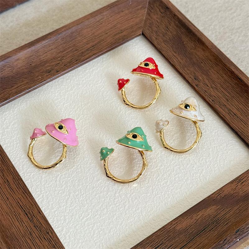 Vintage Y2K Cute Cartoon Handmade Enamel Drop Oil Colorful Mushroom Open Stackable for Women Girls Rings Exquisite Party Gifts