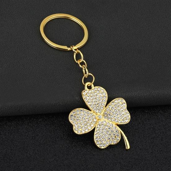 Keychain Pendant Sparkling Rhinestones Inlaid Four-Leaf Clover Design Zinc Alloy Key Chain Electroplated Metal Ring Key Holder Backpack