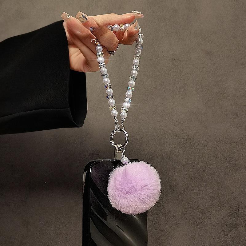 Plush Ball Phone Lanyard Crystal Bead Phone Chain Pendant Fashion Autumn and Winter Style Wrist and Handheld Anti-Lost Lanyard