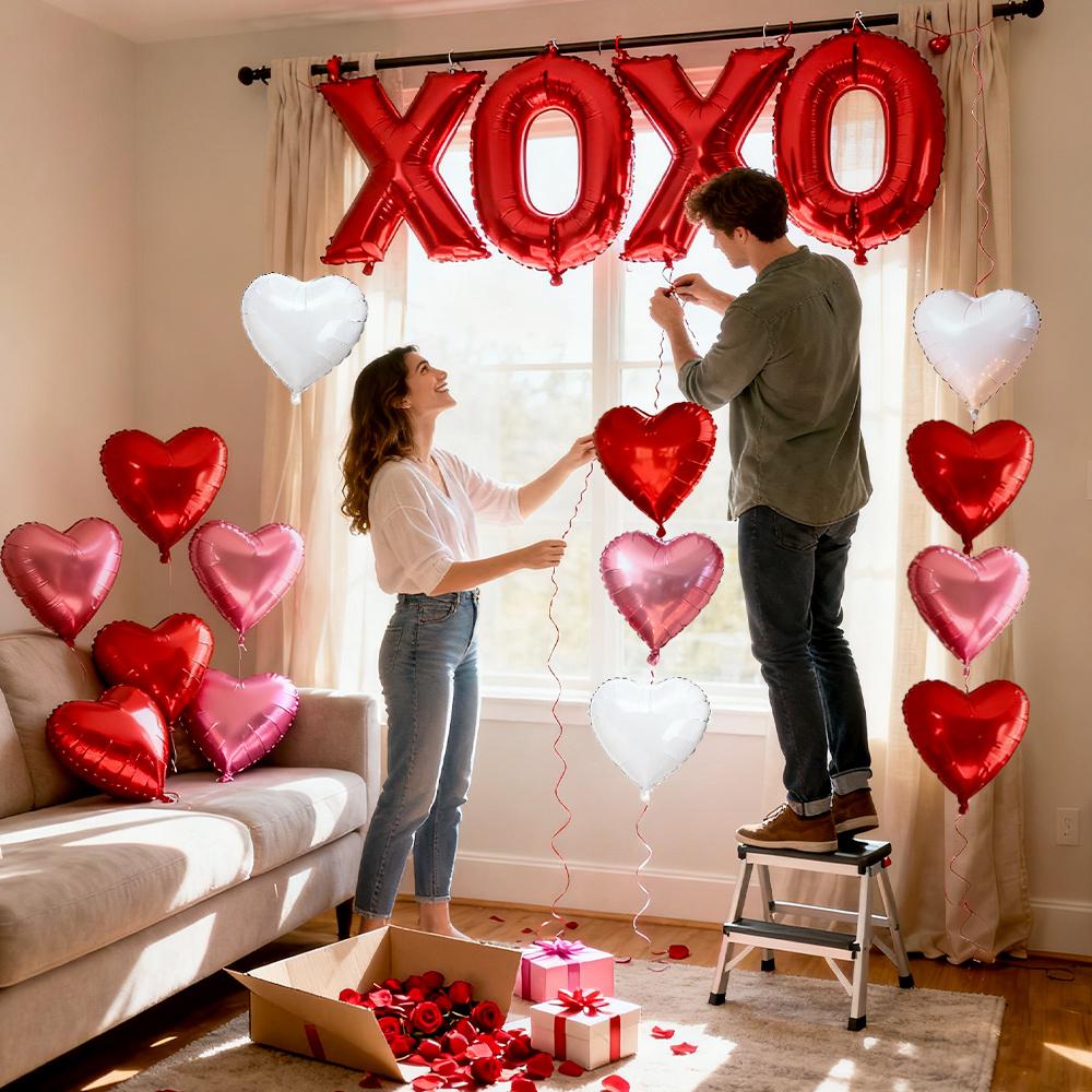 28Pcs Love Heart Shape Foil Balloons10inch Red Pink Heart XOXO Balloon Wedding Valentines Day Anniversary Girls Party Supplies