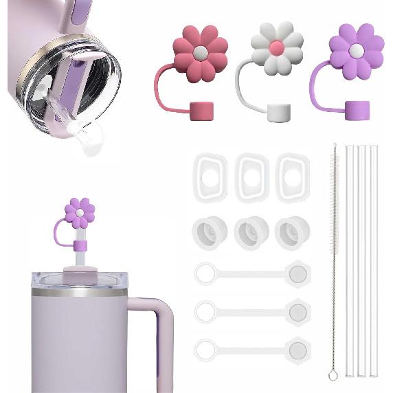 Stanley Cup Accessories Set Including 9 Pcs Silicone Spill Proof Stopper,3 Pcs Cute Straw Cover Cap for 9-10 mm Straws, 3Pcs Reble Straw and 1