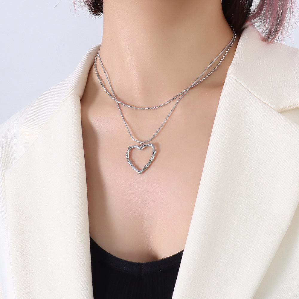 French Chic Double-Layer Heart Pendant Necklace - 18k Gold-Plated Titanium Steel for Women