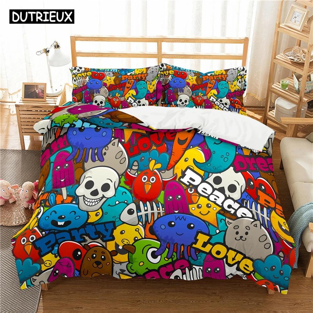 Kreskówkowy Nadruk Graffiti Poliestrowe Zestawy Pościeli Dziecięce Pokrowce Chłopięcy Zestaw Pościeli Dla Nastolatków Zestaw Pościeli King Size