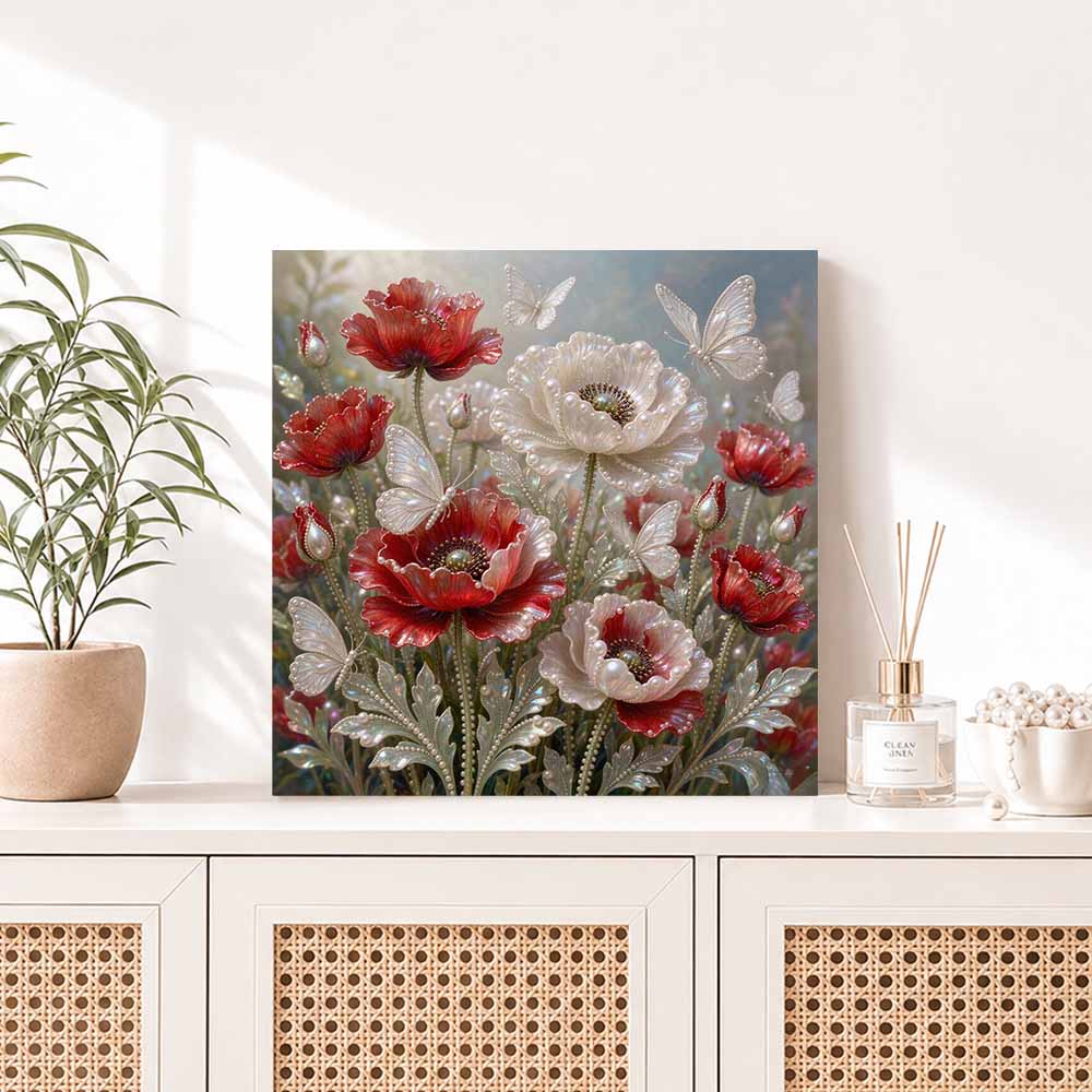 Pearl Painting 5D DIY Decorative Painting. Red Flowers and White Butterflies. Cute Birthday Gift. Handmade Art Painting
