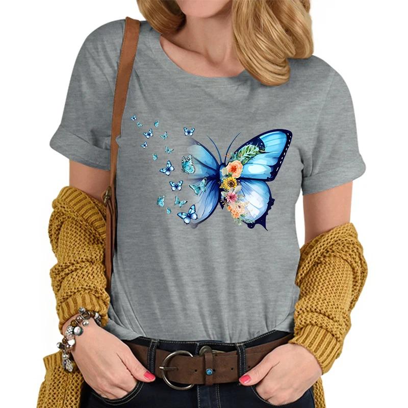 Flower Butterfly Lover Casual Tops Vintage Flower Design Tshirt Female Butterfly Print Premium Casual Short Sleeve TShirt Women