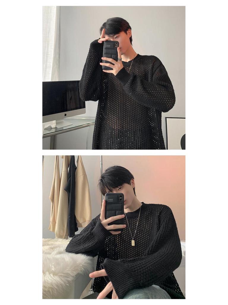 Herren Sommer Dünnes Karomuster T-Shirt: Trendiger Hong Kong Stil, Lochstrick, Langarm, Rundhals Überwurf