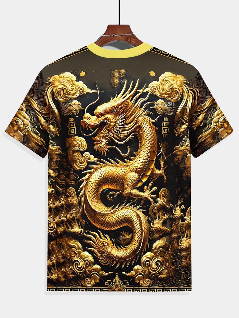 Tricou Bărbați Gât Rotund cu Imprimeu 3D Dragon Auriu – Îmbrăcăminte Casual Elegantă de Vară pentru Activități în Aer Liber, Fitness și Alergare, Confortabil pentru Ziua de Zi