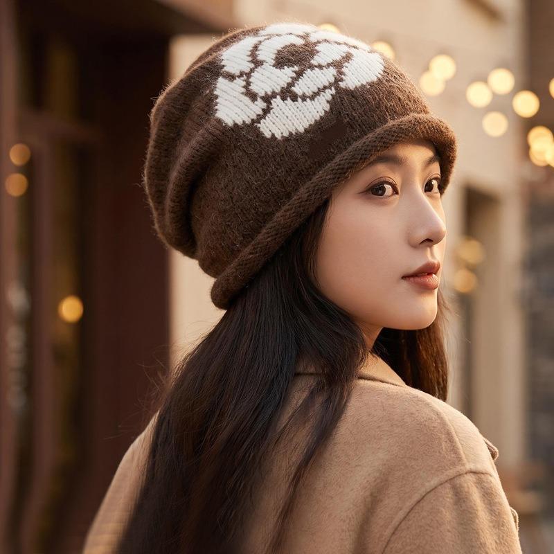 Women S Vintage Rose Embroidery Knitted Beanie Hat Korean Style Warm Winter Hat