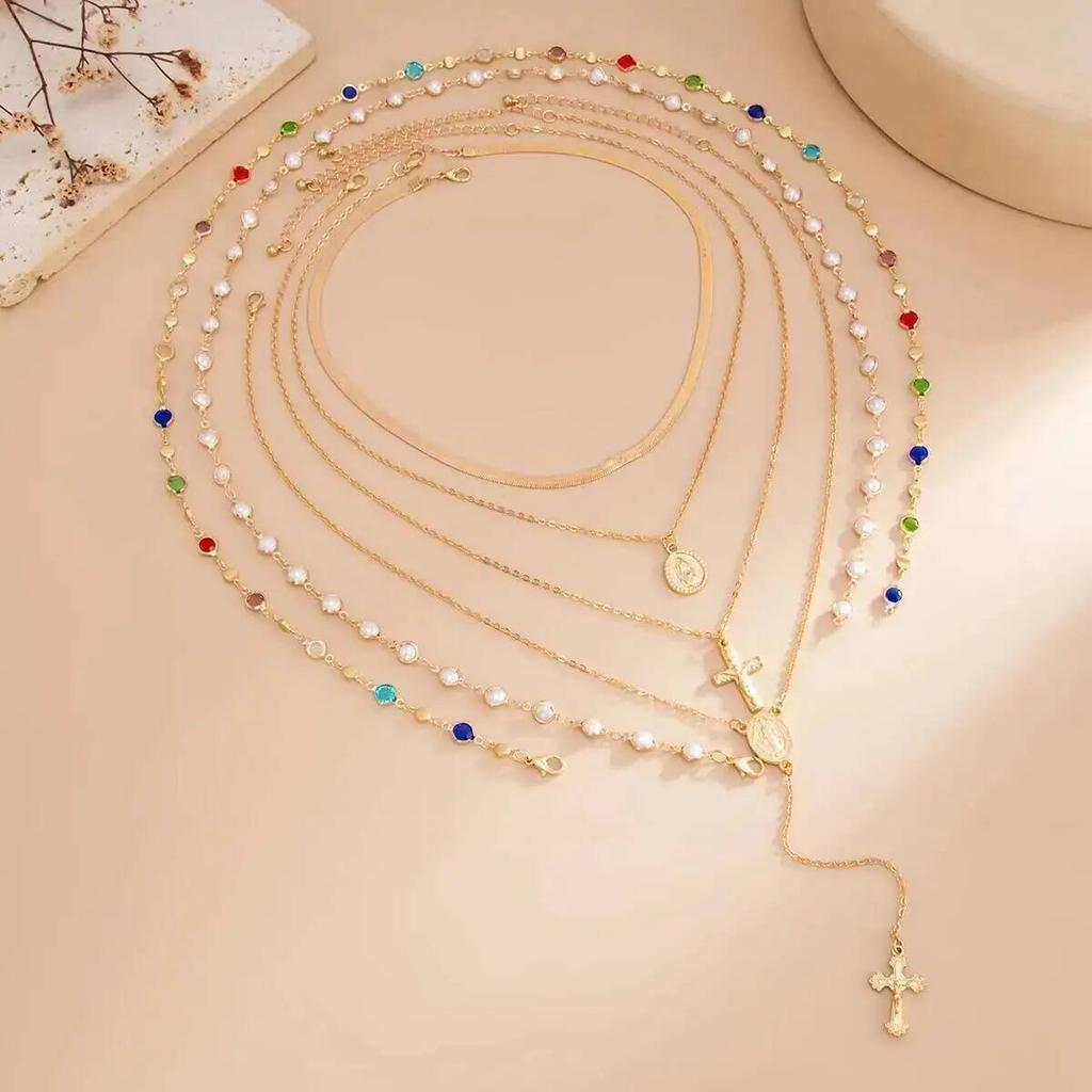 SHIXIN Fashion 6Pcs/Set Cross Colorful Crystal Necklaces Women Vintage Gold Color Long Y-shaped Necklace Y2K Party Jewelry Gifts