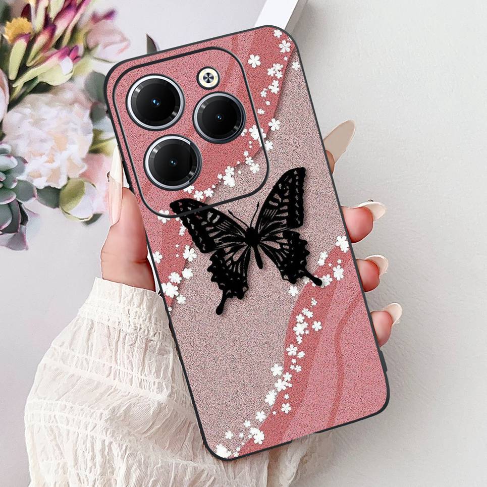 Cover For Tecno Spark 20 Pro Plus Back Bumper Spark 20Pro 20C Colorful Butterfly Flower Painting Phone Case Black Soft Silicone