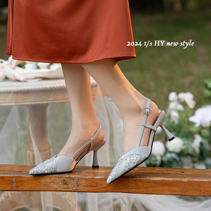 

New Chinese sequined splicing bag head sandals women s sheepskin pointed back strap stiletto high heels temperament 39 светло-серый