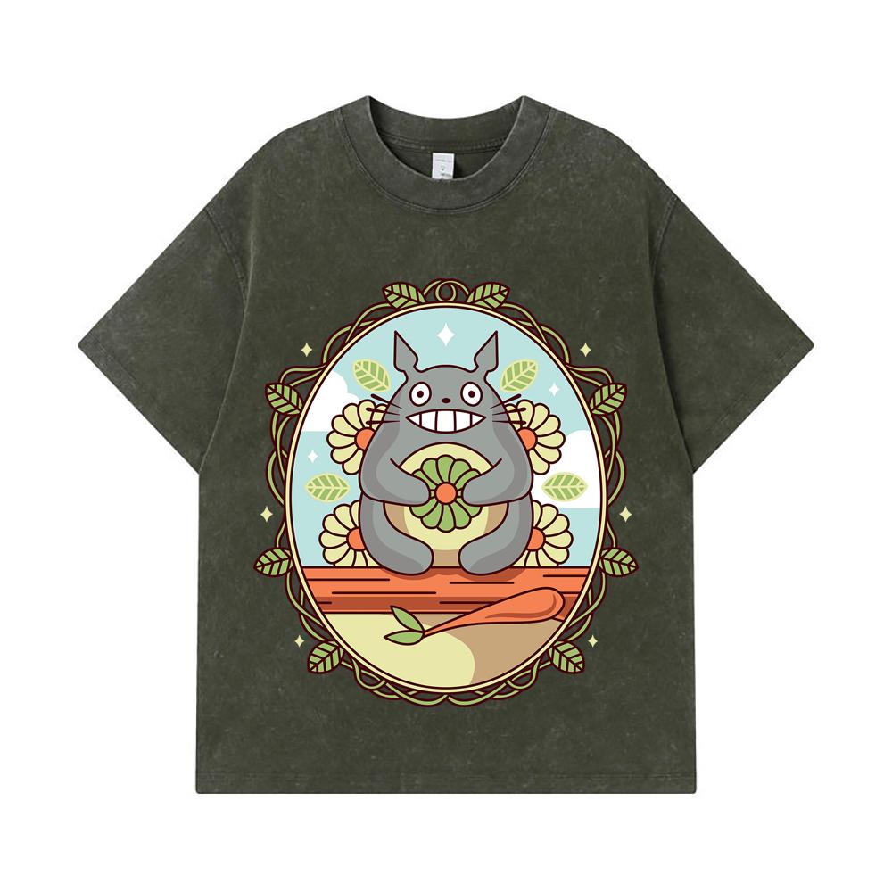 

275 GSM Washed T-shirts 100% Cotton Ghibli V6 Totoro Print Unisex Heavy Cotton T Shirt S армия зеленый