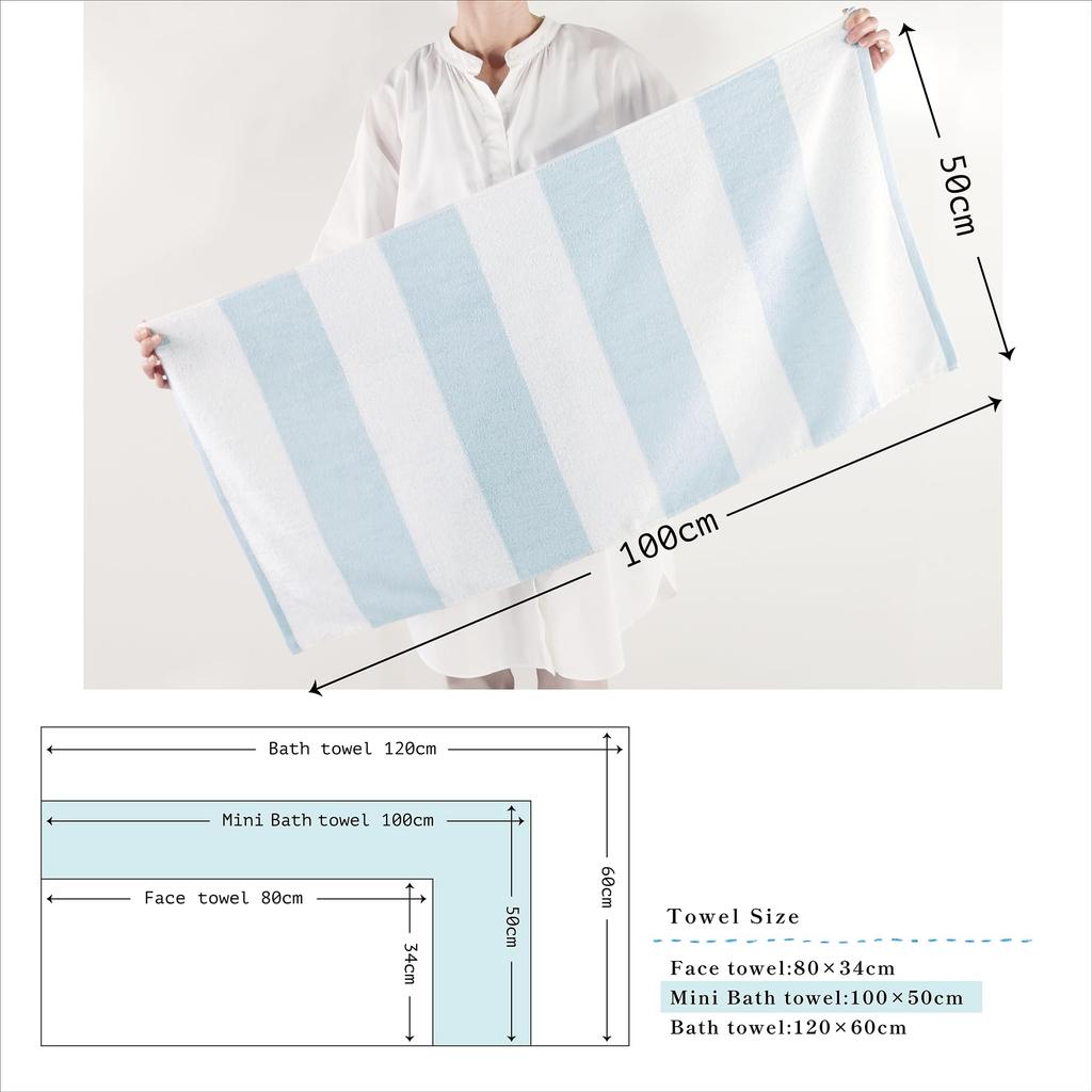 Kosugizen Mini Bath Pastel Border Small Bath Towels for Daily Set of Towels, & Color, Blue, 50x100cm, Use, 2, ZGTF-471-2BL