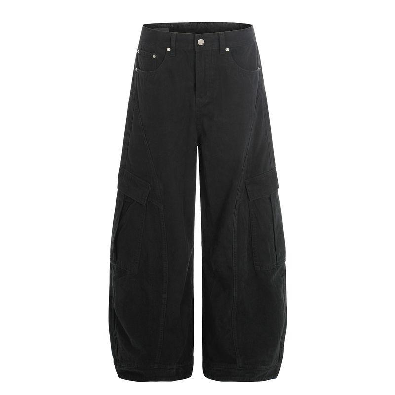 

Kisko American Retro Multi-Pocket Deconstructed Wide-Leg Distressed Cargo Pants Unisex Trendy Loose Straight Casual Pants Black M