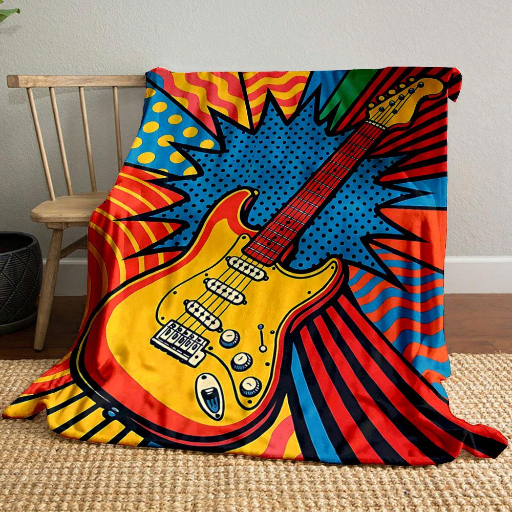 Pop art guitar surrounded by bold patterns, polka dots, and vibrant waves. for all seasons blanket lunch break throw gift