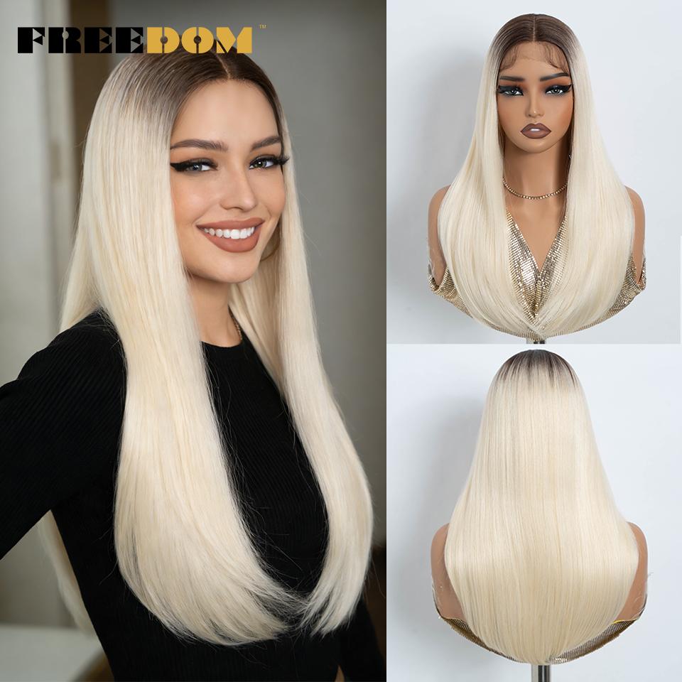 

FREEDOM Straight Synthetic Lace Front Wigs For Women Medium Long Bob Lace Wig 22 Inch Ombre Brown Blonde White Cosplay Wigs (as the picture,22inches)