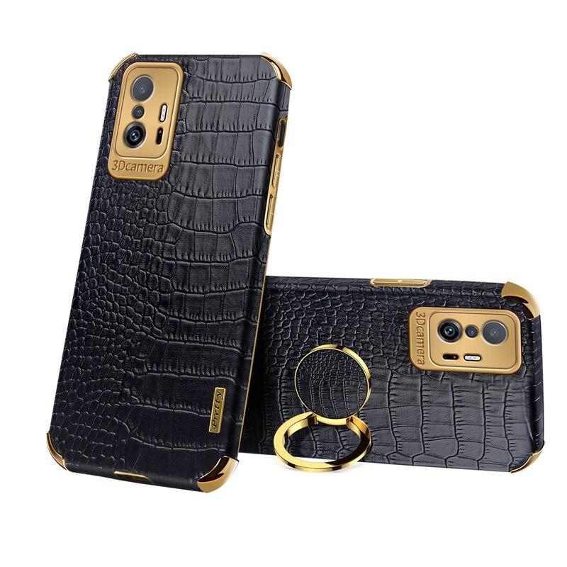 

Для Xiaomi 11T Pro 5G Crocodile Pattern Кожа Гальванический чехол для телефона для Xiaomi 11T 5G Металлическое кольцо Держатель Стенд 6D Покрытие Мягкая крышка телефона