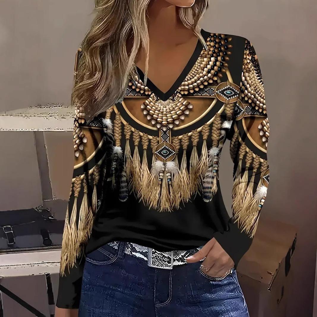 

V-образный вырез 3D Классический ретро племенные элементы принтованный топ модные повседневные длинные рукава женские футболки L