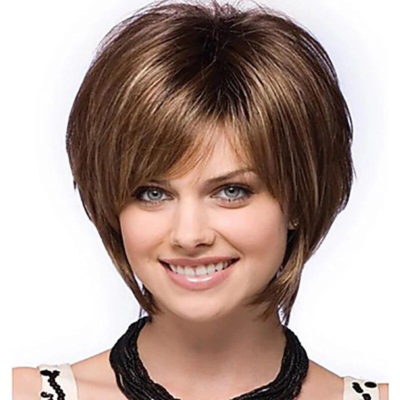 Women Straight Bangs Style Pixie Cut Synthetic Hair Wig Brown Mixed Short Wigs Machine Made