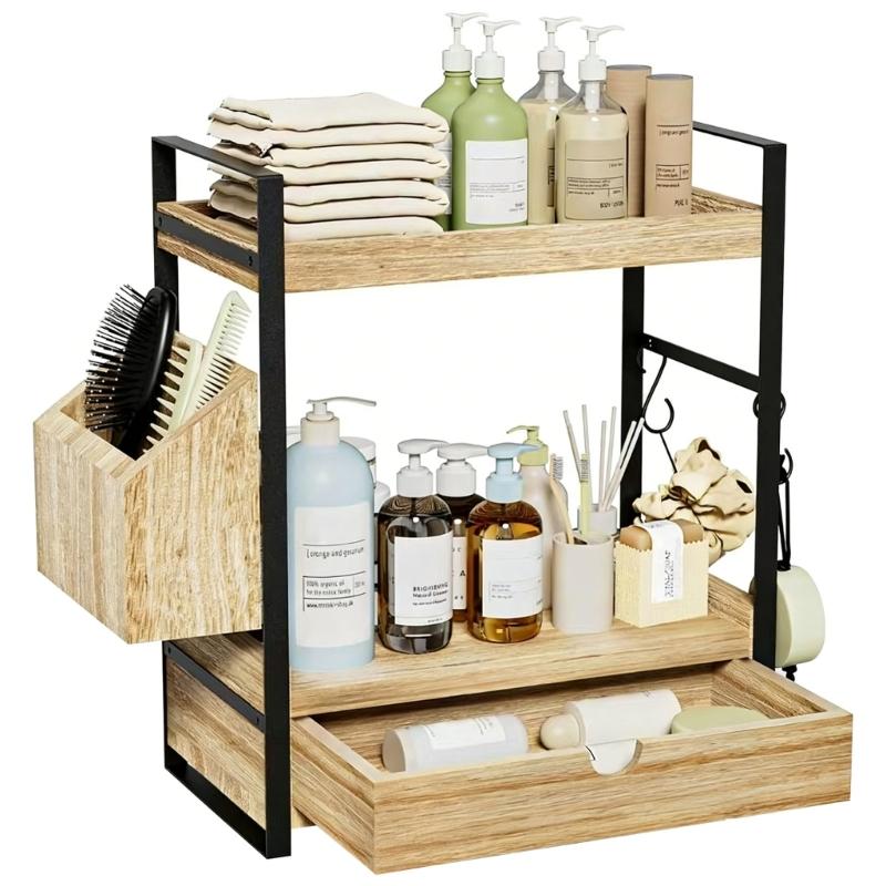 

Stylish Wood Countertop Shelf With Open Storage Design For Makeup And Skincare Products 1