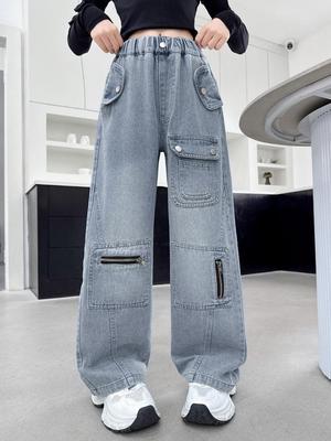 Jeans de Moda para Niñas 2025 con Múltiples Bolsillos y Pierna Ancha - Pantalones Casuales Rectos para Primavera y Otoño