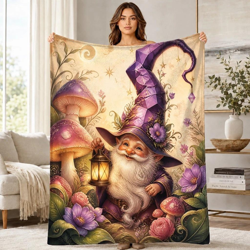 Wizard Gnome Lantern Coral Fleece Blanket Fantasy Cottage Decor