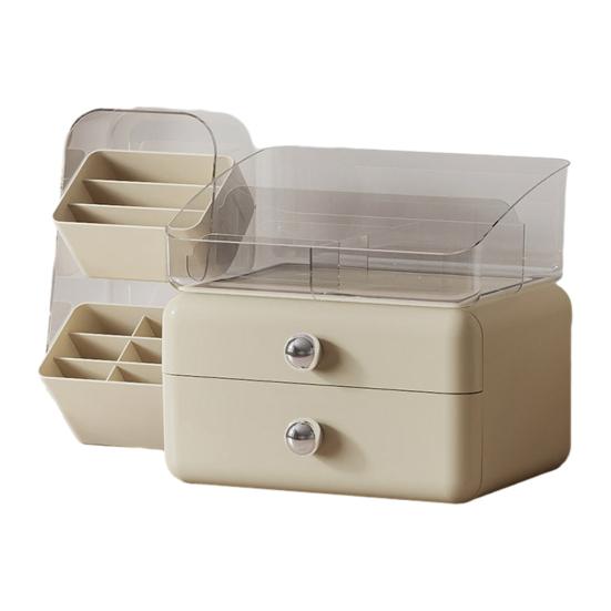 

Desktop Cosmetics Storage Box Large Capacity Cosmetic Organizer with 2 Drawers Removable Multi-Compartment Box Makeup Organizer for Dresser бежевий