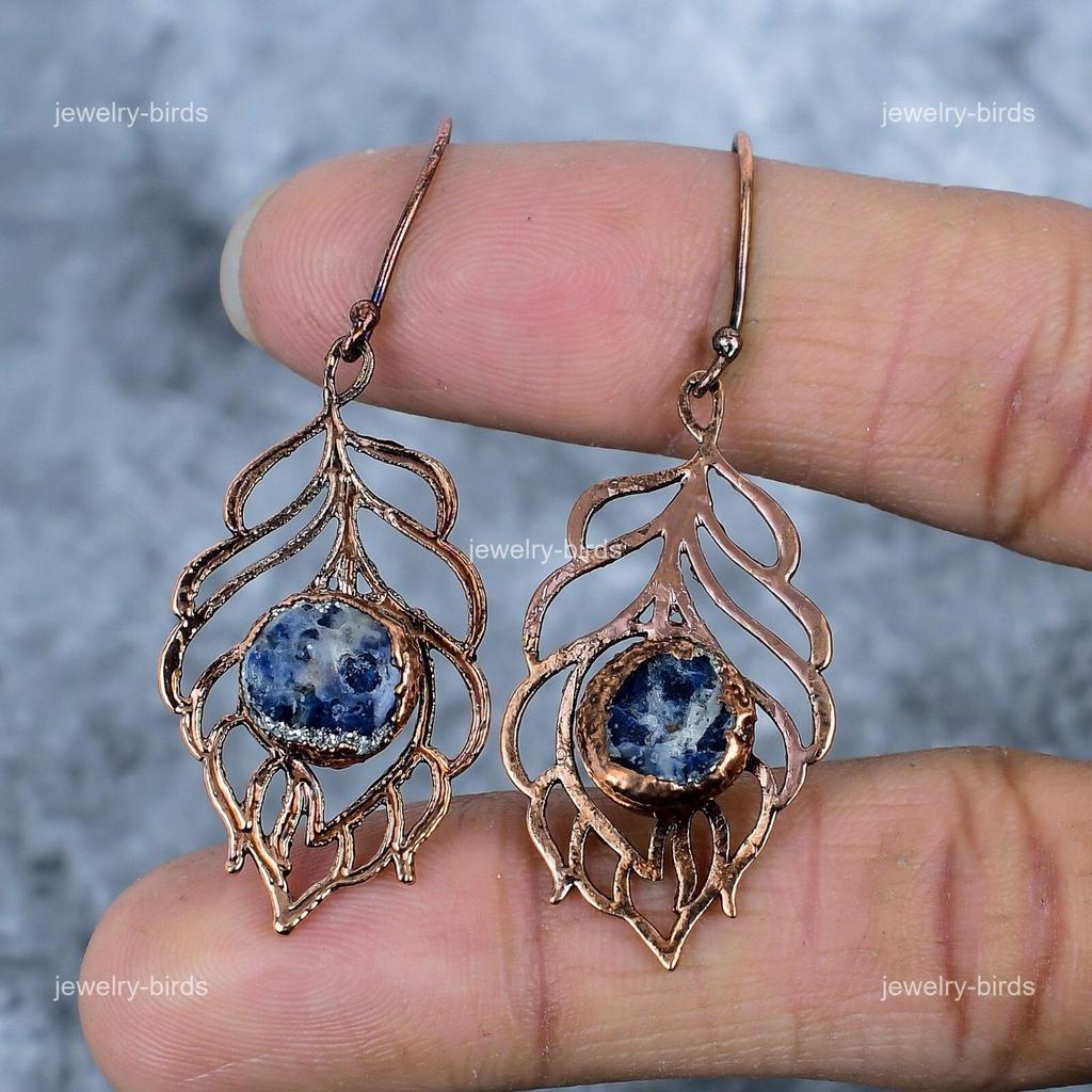 Round Sodalite Gemstone Copper Ethnic Electroformed Elegant Hook Drop Earrings VP-95