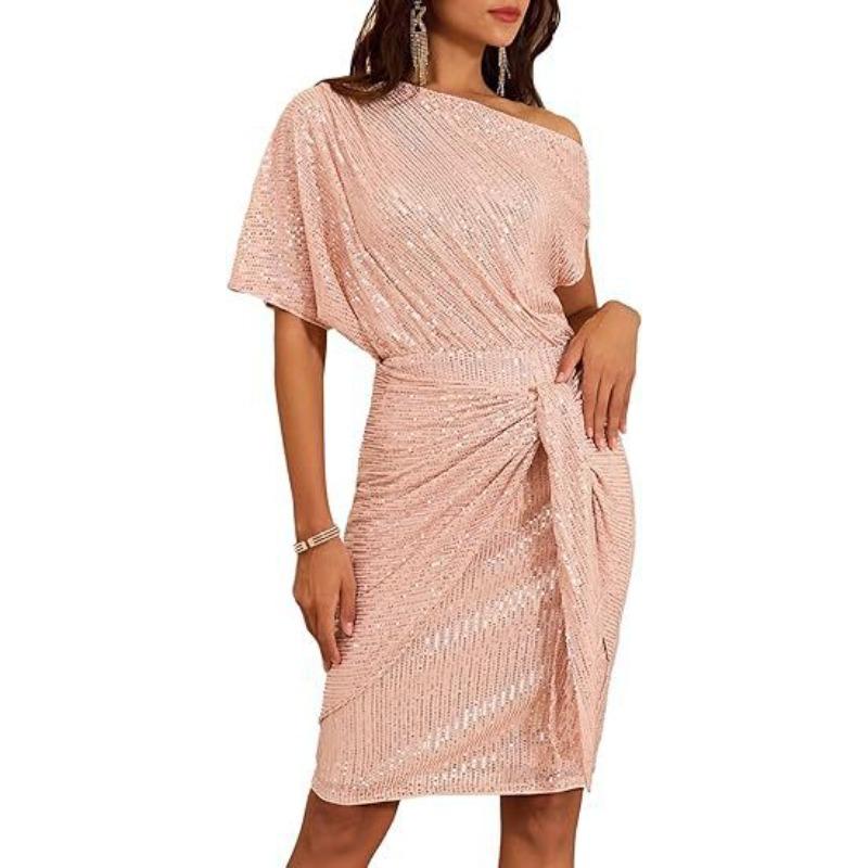 Ladies Trimmed Shiny Party Club Shoulder Folds Toast Dress Fashion Dress