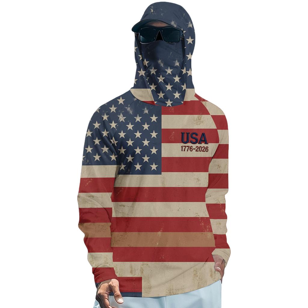 Long Sleeve Hooded Shirt with USA Flag Print Lightweight Pullover Top Casual Fit Soft Material for Everyday Wear