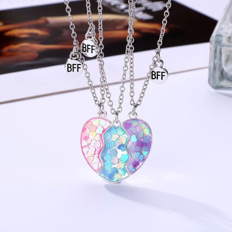 Kids Pendant Necklace Set Alloy Heart Charm Magnetic Pink Blue Purple Trio Sweet Style Childrens Jewelry