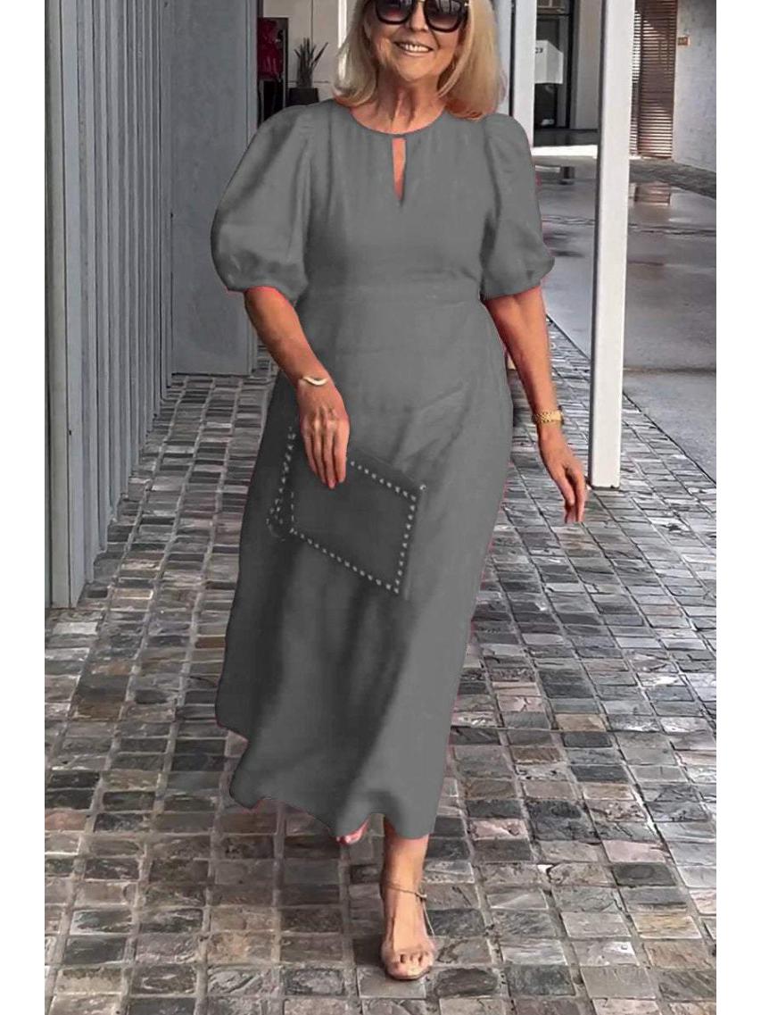 

Spring/Summer Women s Solid Color Loose Casual Puff Sleeve Long Dress 3XL сірий колір