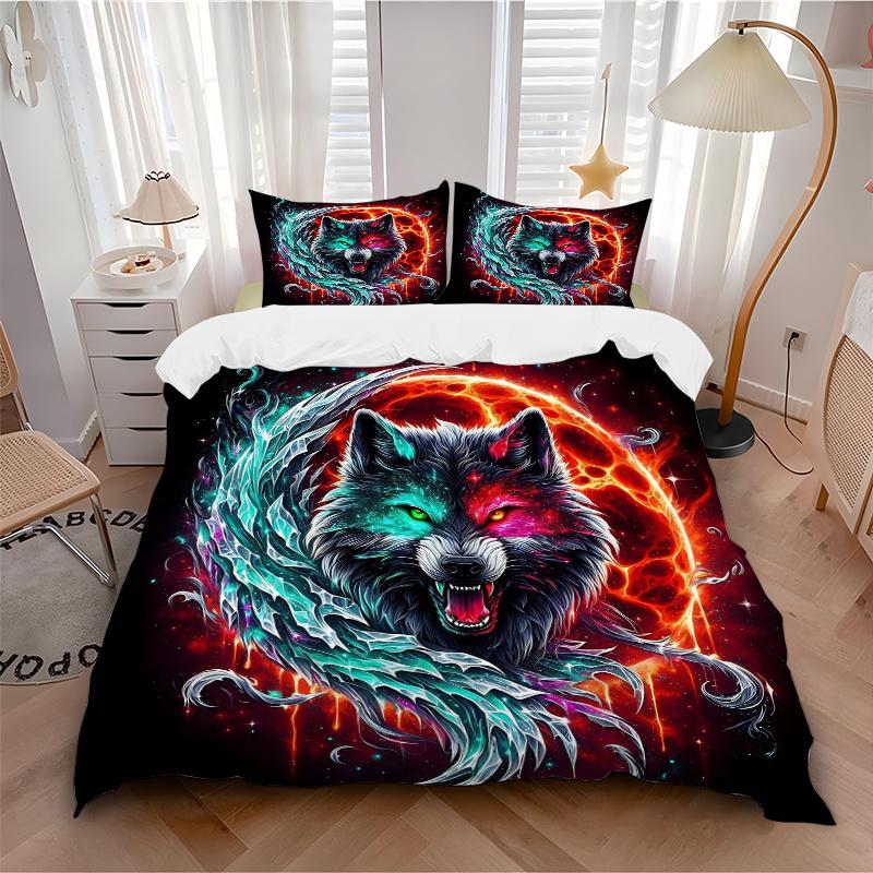3pcs Galactic Wolf Print Bedding Set (1 Cover + 2 Pillowcases, Without Inserts), This Printed Bedding Set is Soft and Comfortable, Suitable for U