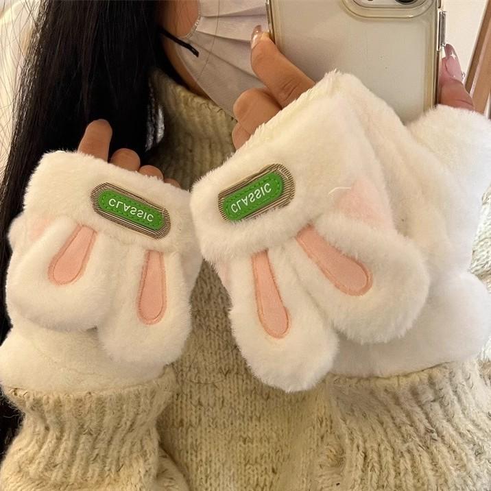 Gloves for Women In Winter Cute Student Warm Cute Rabbit Flap Cover with Fingers and Write Plush Half Fingers Plus Velvet Riding Bike Anti Freeze