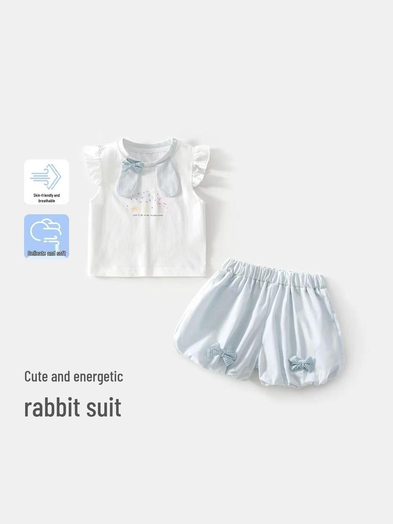 New Arrival: Girls' Cute Rabbit Two-Piece Set - Short Sleeve & Shorts, Breathable Cotton Gauze Summer Outfit