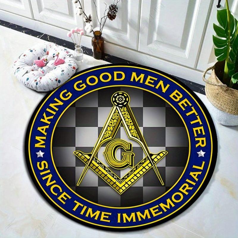 Freemason Square Compass G Logo Round Rug Flannel Masonic Symbol Decor For Man Cave Office Study Room Gold Blue CheckeredNonSlip