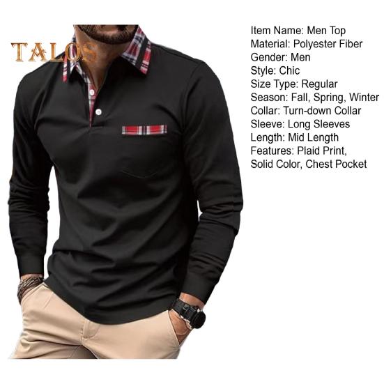 Men Spring Fall Shirt Buttoned Turn-down Collar Long Sleeves Plaid Print Chest Pocket Slim Fit Quick Dry Pullover Fitness Outdoor Training Top