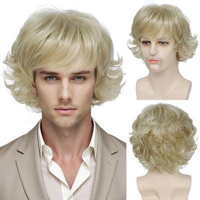 Parrucca riccia sintetica da uomo, capelli corti biondi con frangia, acconciatura naturale e voluminosa, parrucche Cosplay, uso quotidiano, fibra resistente al calore
