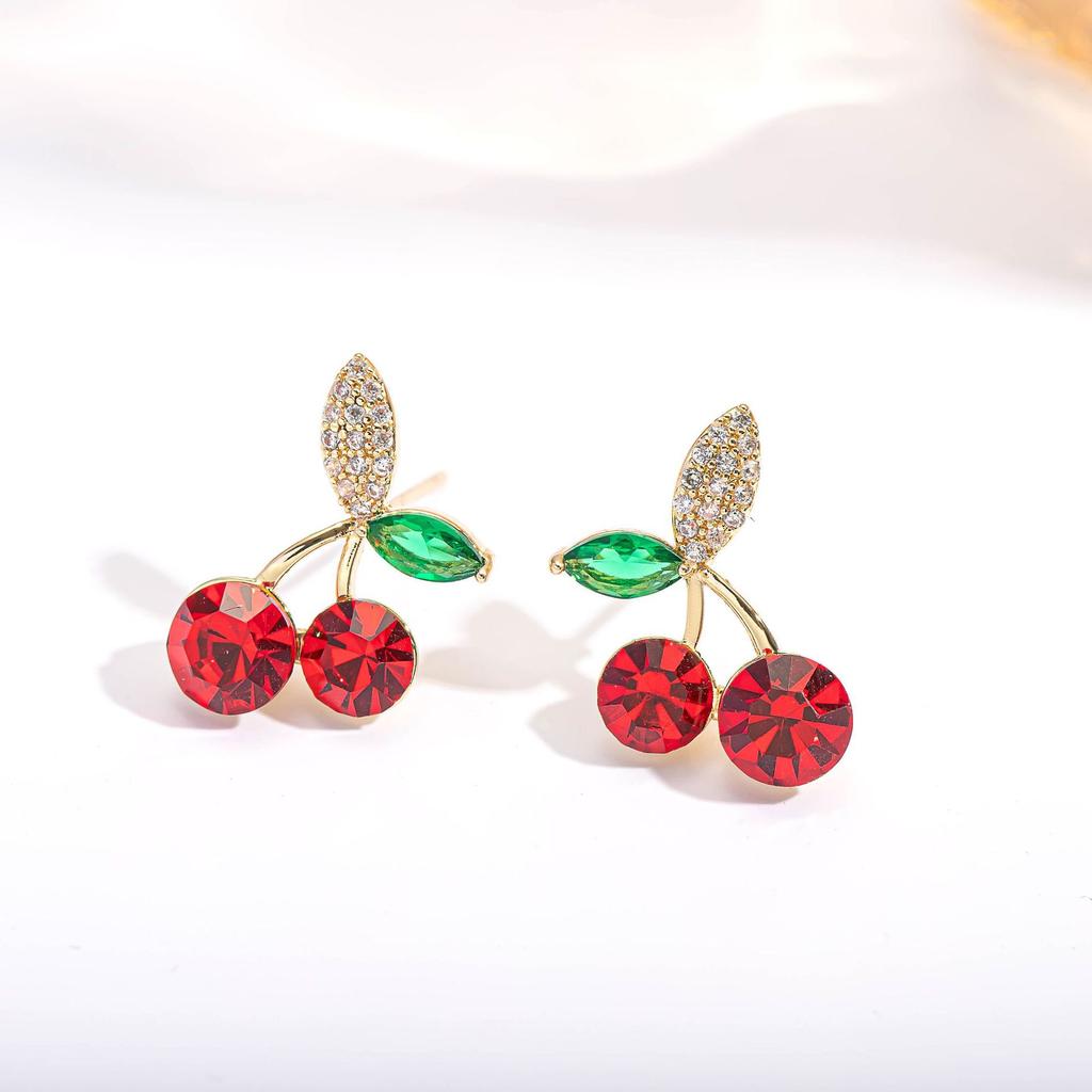 Green Leaf Red Cherry Stud Earrings for Women Earring Jewelry Gift