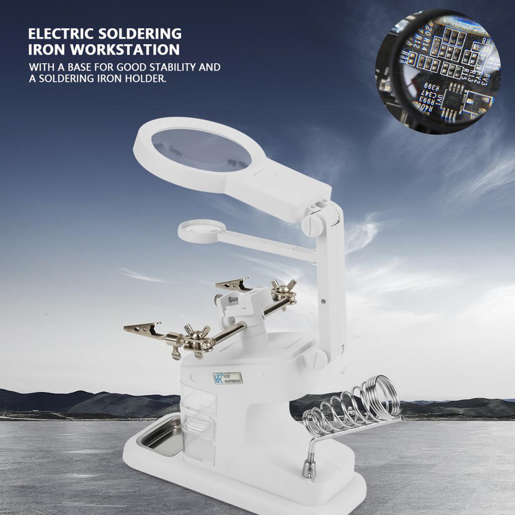 USB Electric Soldering Iron Workstation with 3X 4.5X 25X Loupe LED Lights Board Clips (White)