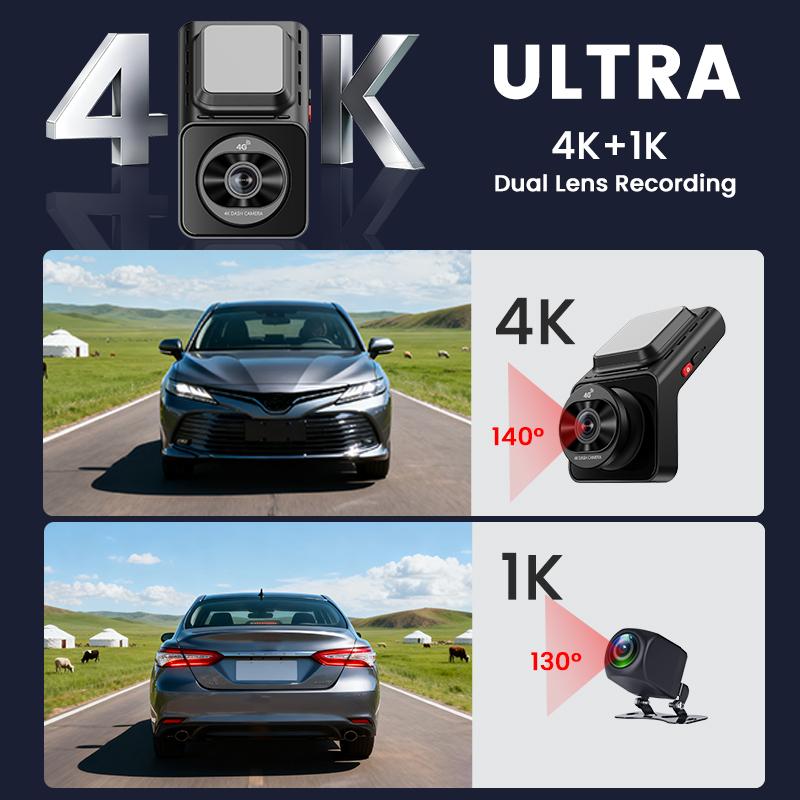 4K +4G 2Inch dashcam with dual lens record wifi gps tracking fit remote live video check on phone 12-24v power supply car camera