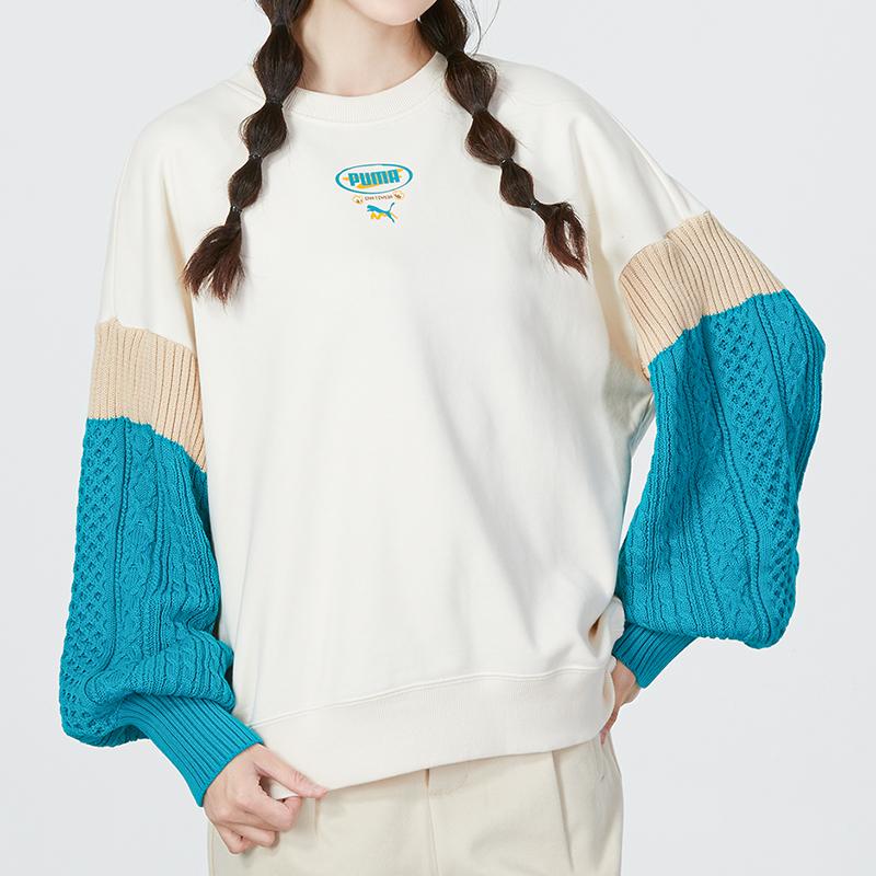 Puma Spliced Sports Casual Crew Neck Sweatshirt Women Tops White 537968-65