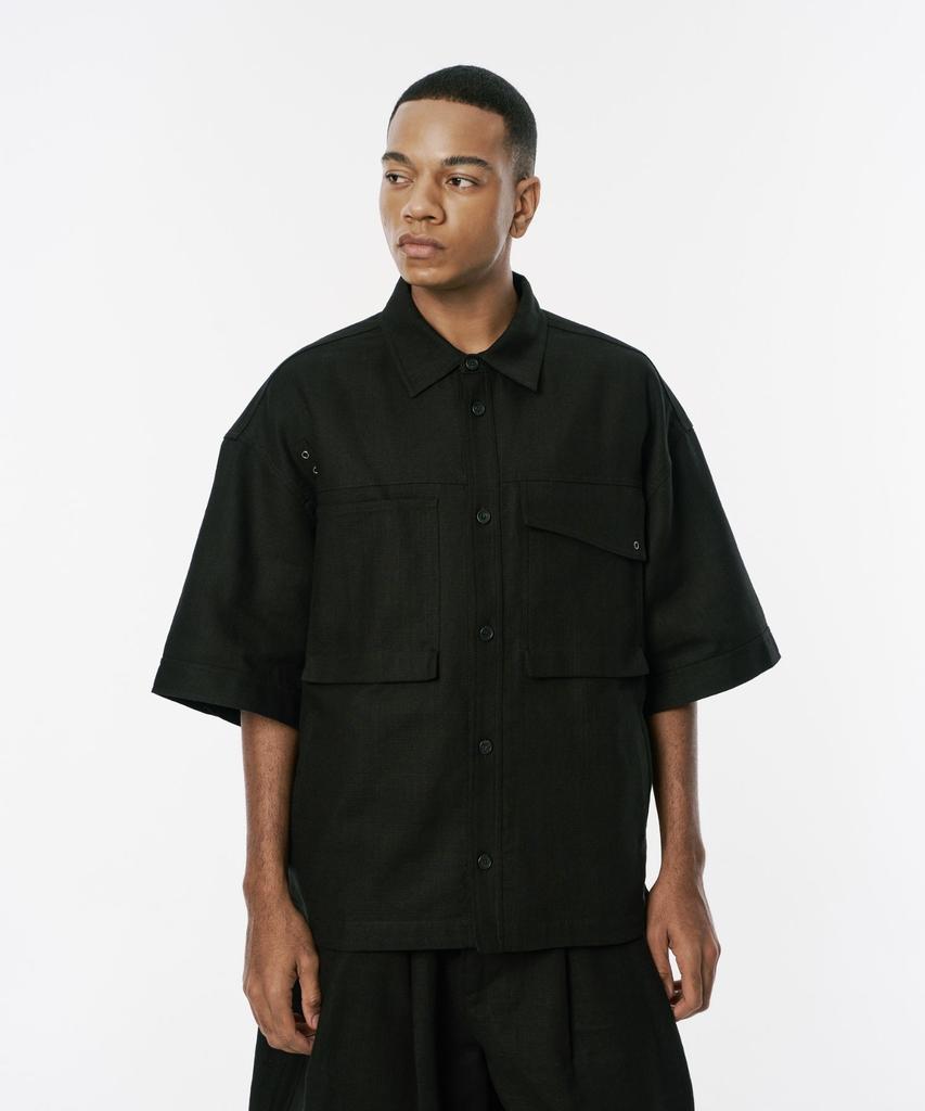Codemorph Linen Texture Cotton Utility Short Sleeve Shirt Jacket Black
