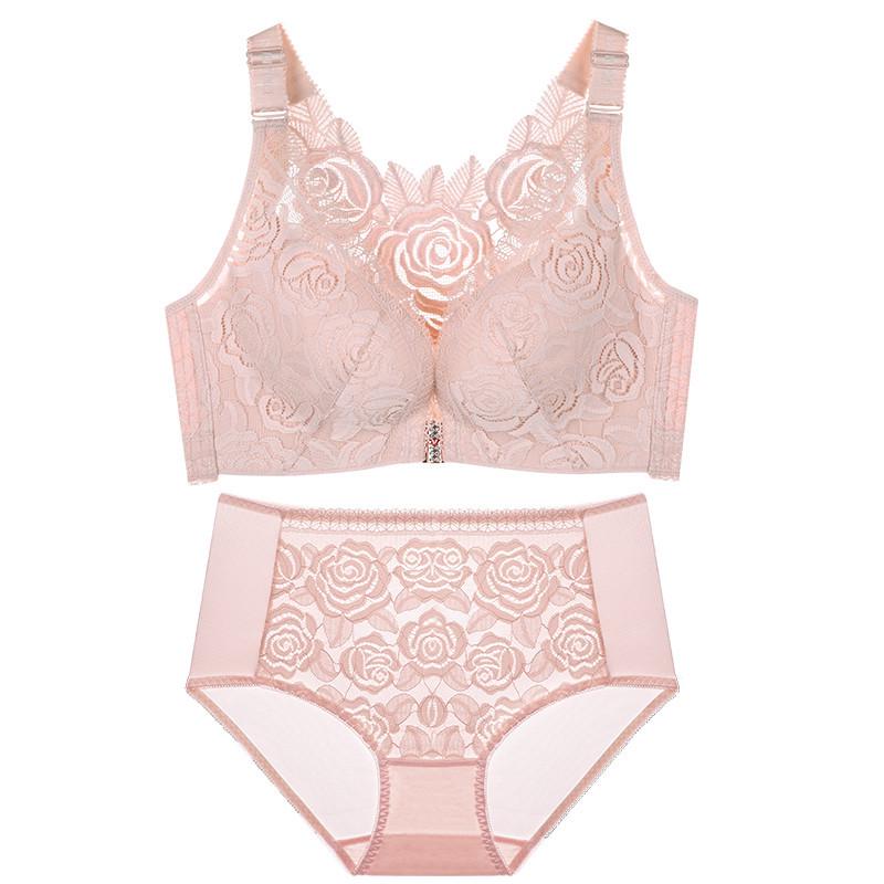 Front Buckle Rose Beautiful Back Plus Size Bra Set Big Breasts Small Gathering Underwear Women's Upper Support Adjustable Bra