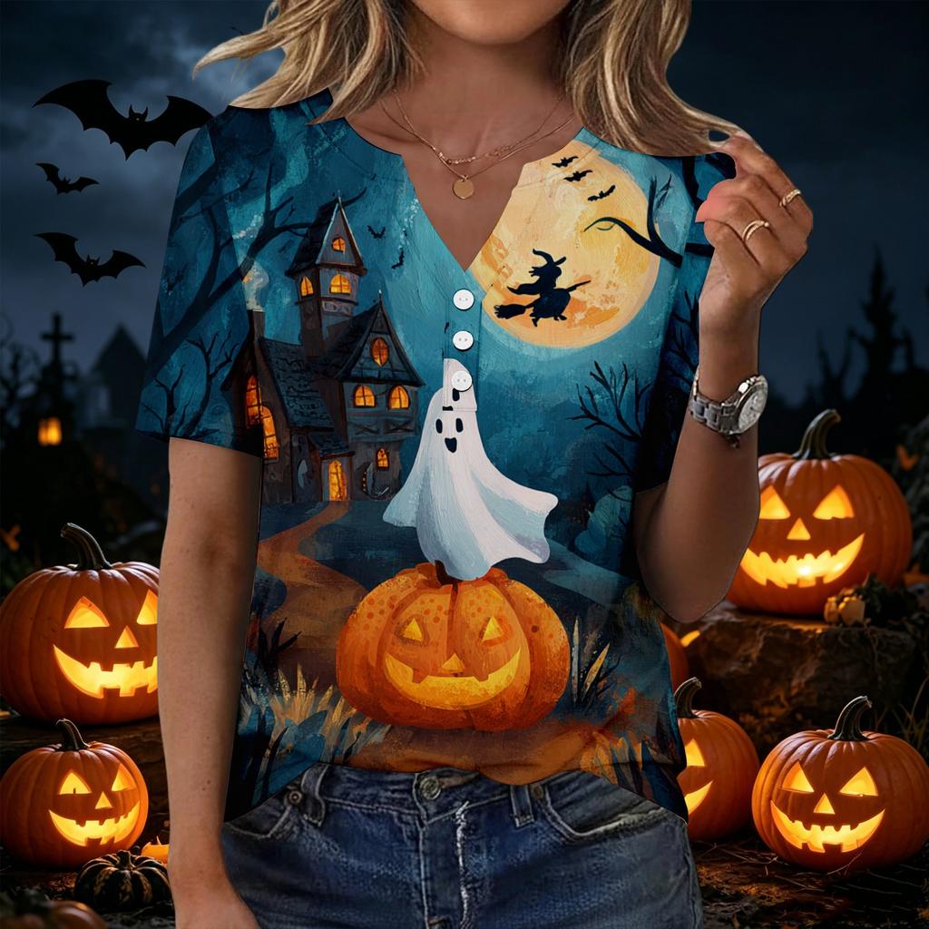 Women Casual V Neck Button Front Halloween Print T Shirt Top Three Quarter Sleeve Lightweight Soft Fabric Relaxed Fit