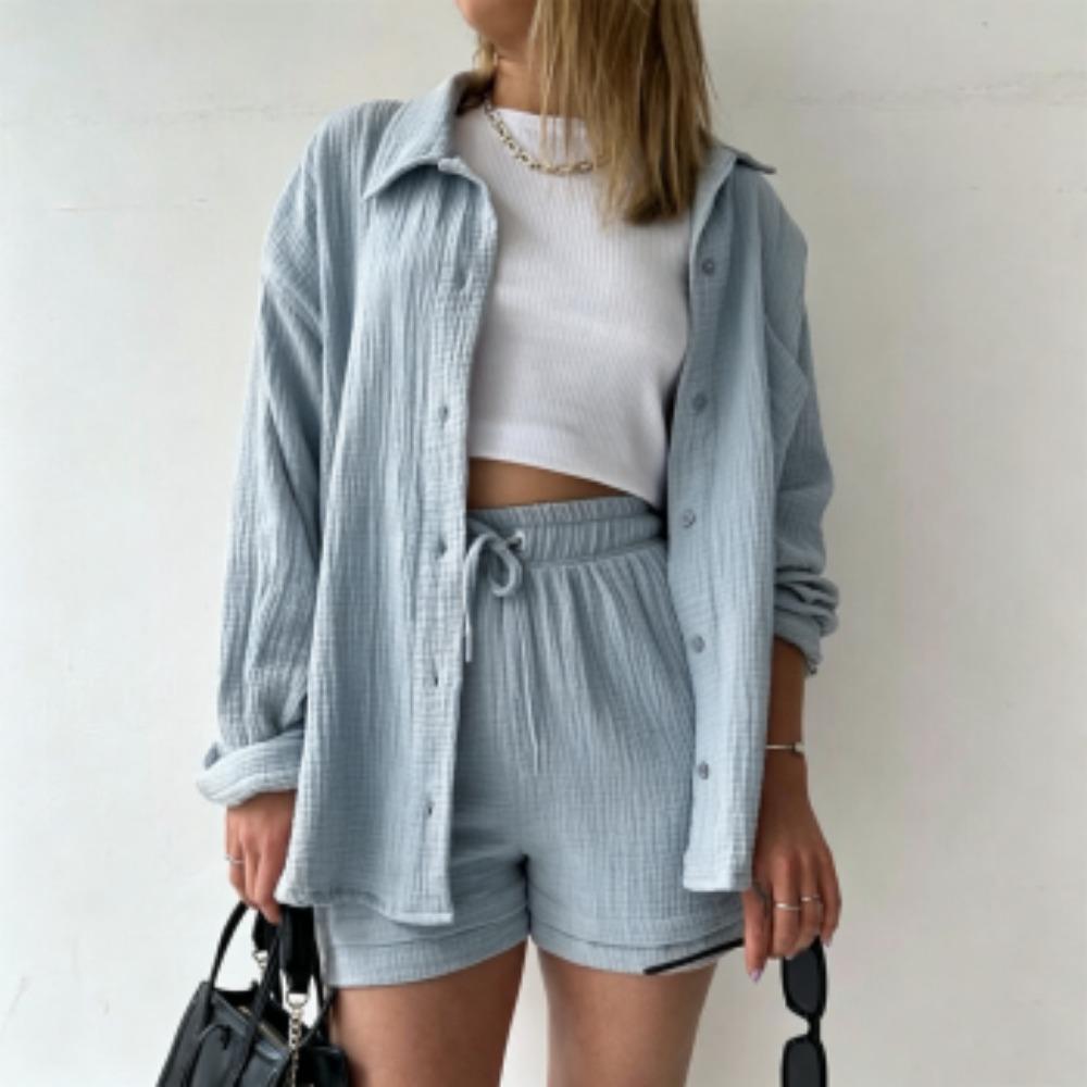 

Spring Women s Shirt Shorts 2-piece Set Fashion Women s Long Sleeved Shirt Shorts Home Outdoor Street Casual Women s Set Clothing S
