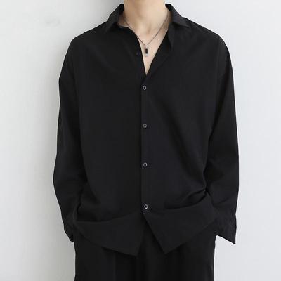 Men's Black Loose Fit Drape Ice Silk Shirt - Long Sleeve, Trendy Casual Autumn Wear